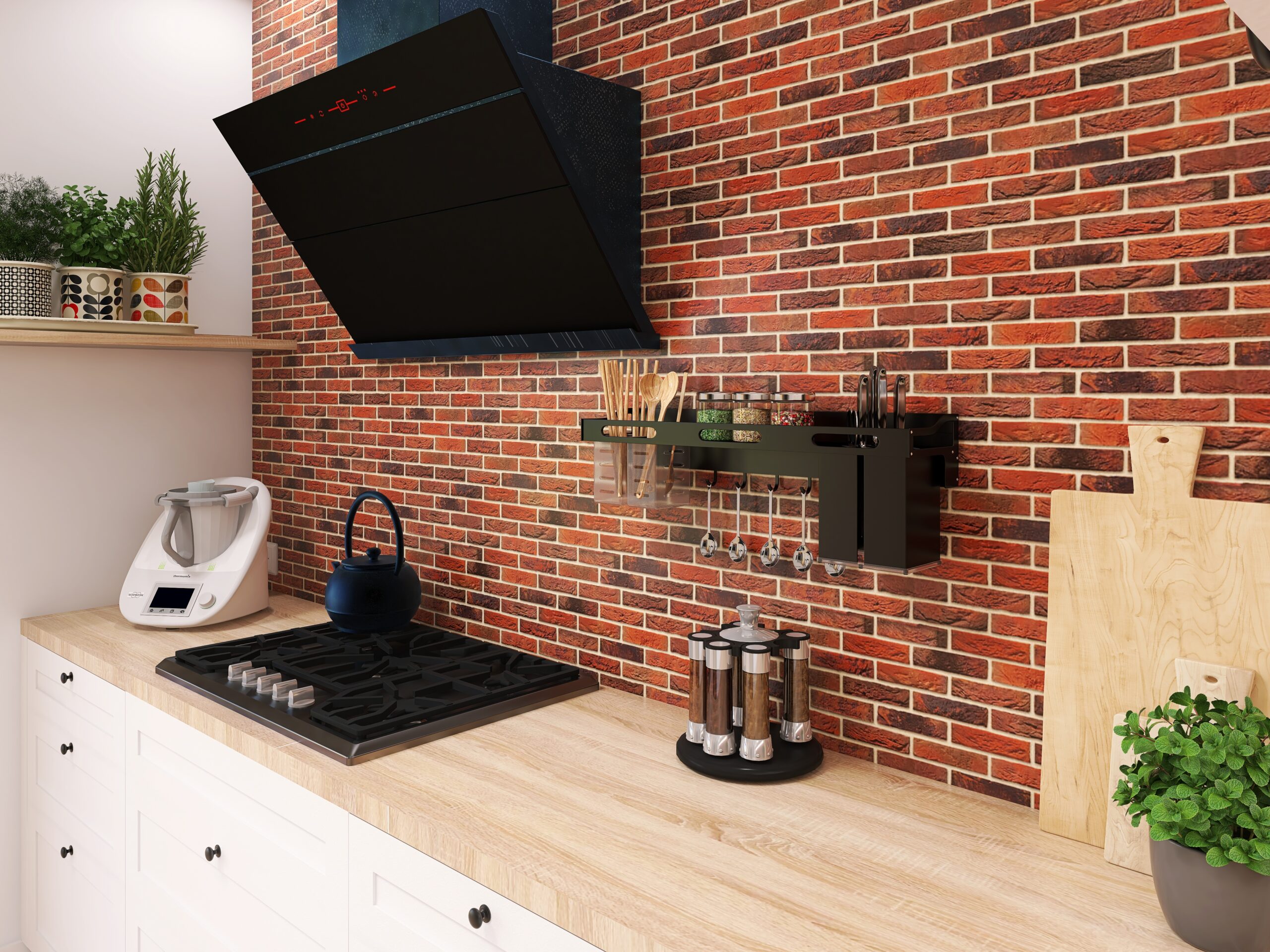 Kuchnia z czerwoną cegłą