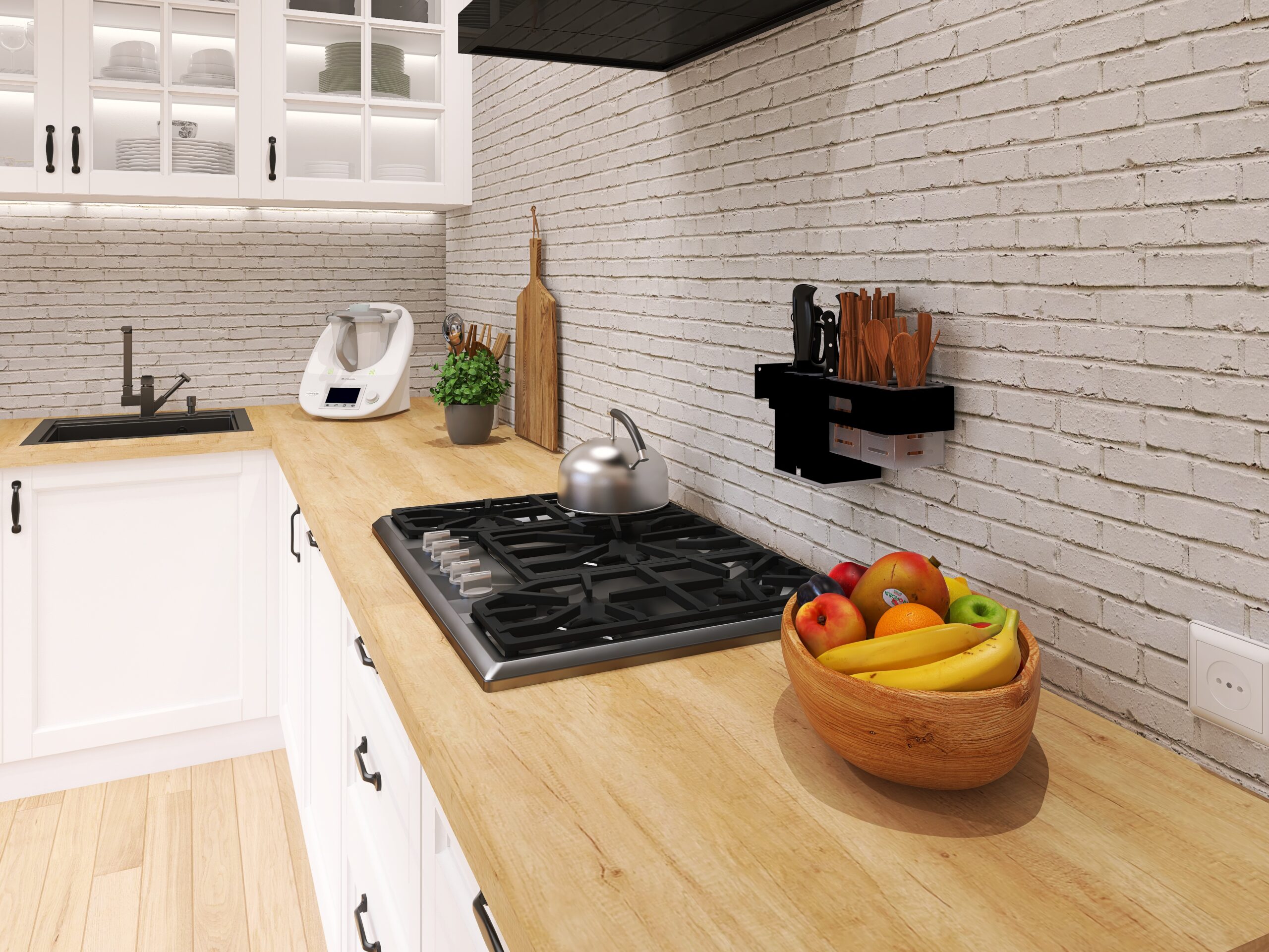 Kuchnia z białą cegłą